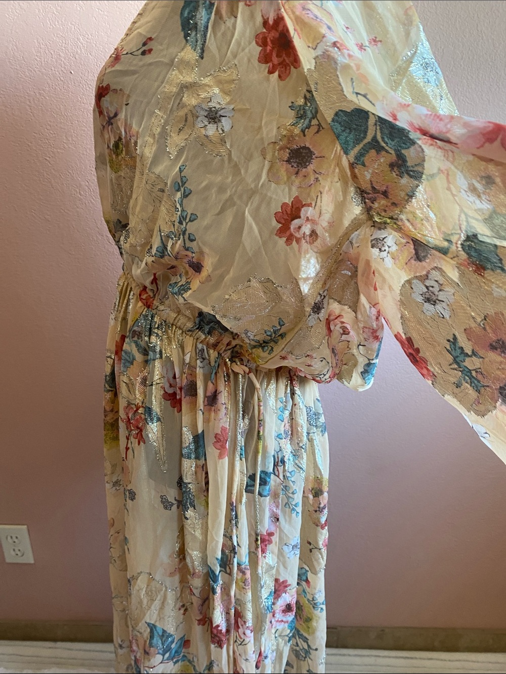 ASOS DESING Cream Floral V-Neck Long Sleeve Transparent Maxi Dress - Picture 4 of 12